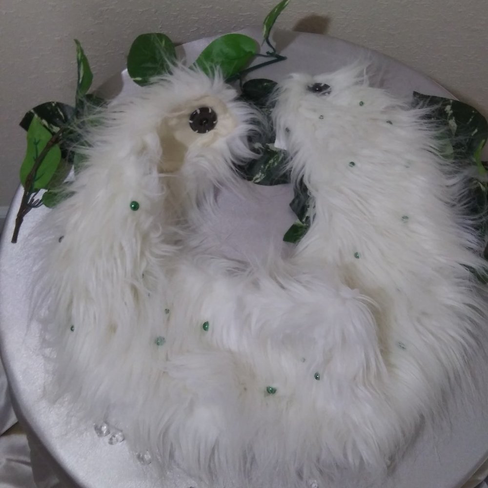 White Faux Fur Button Scarf with Green Pearl Embellishments